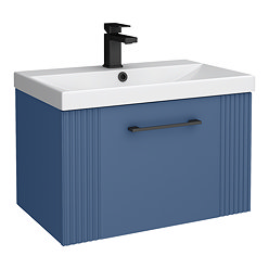 Roxbury Deco Fluted 600mm Blue Vanity Unit - Wall Hung 1-Drawer Unit with Thin-Edged Ceramic Basin and Matt Black Handle
