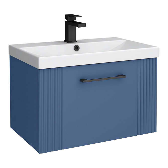 Roxbury Deco Fluted 600mm Blue Vanity Unit - Wall Hung 1-Drawer Unit with Thin-Edged Ceramic Basin and Matt Black Handle