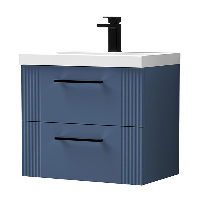 Roxbury Deco Fluted 600mm Blue Vanity Unit - Wall Hung 2-Drawer Unit & Matt Black Handles