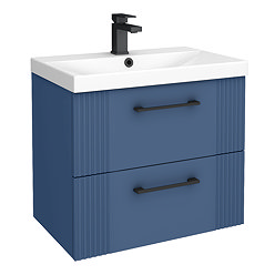 Roxbury Deco Fluted 600mm Blue Vanity Unit - Wall Hung 2-Drawer Unit & Matt Black Handles