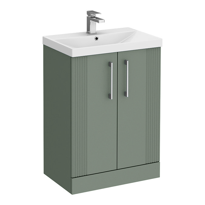 Roxbury Deco Fluted 600mm Green Vanity Unit - Floor Standing 2 Door Unit with Chrome Handles