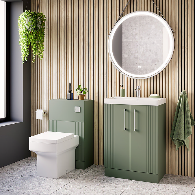 Roxbury Deco Fluted 600mm Green Vanity Unit - Floor Standing 2 Door Unit with Chrome Handles