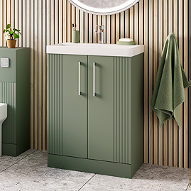 Roxbury Deco Fluted 600mm Green Vanity Unit - Floor Standing 2 Door Unit with Chrome Handles