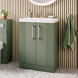 Roxbury Deco Fluted 600mm Green Vanity Unit - Floor Standing 2 Door Unit with Chrome Handles