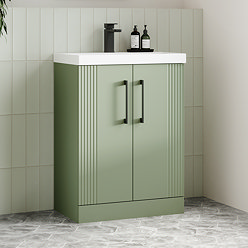 Roxbury Deco Fluted 600mm Green Vanity Unit - Floor Standing 2 Door Unit with Matt Black Handles