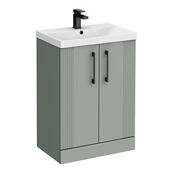 Roxbury Deco Fluted 600mm Green Vanity Unit - Floor Standing 2 Door Unit with Thin-Edged Ceramic Basin and Matt Black Handles