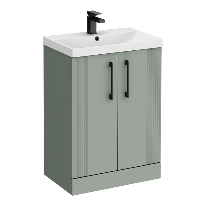 Roxbury Deco Fluted 600mm Green Vanity Unit - Floor Standing 2 Door Unit with Thin-Edged Ceramic Basin and Matt Black Handles