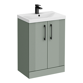 Roxbury Deco Fluted 600mm Green Vanity Unit - Floor Standing 2 Door Unit with Thin-Edged Ceramic Basin and Matt Black Handles