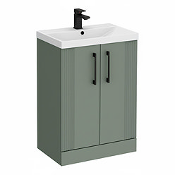 Roxbury Deco Fluted 600mm Green Vanity Unit - Floor Standing 2 Door Unit with Matt Black Handles