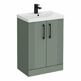 Roxbury Deco Fluted 600mm Green Vanity Unit - Floor Standing 2 Door Unit with Matt Black Handles