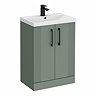 Roxbury Deco Fluted 600mm Green Vanity Unit - Floor Standing 2 Door Unit with Matt Black Handles