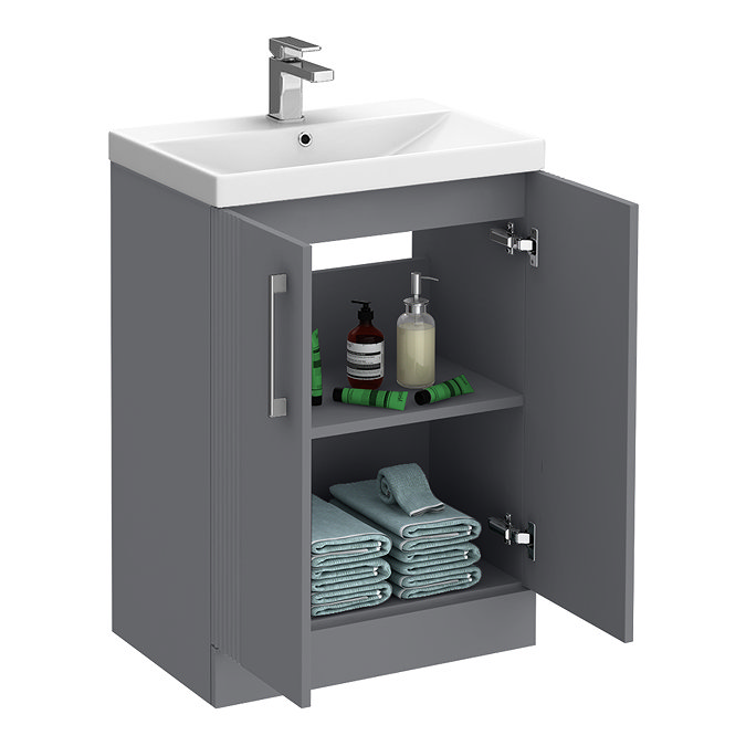 Roxbury Deco Fluted 600mm Grey Vanity Unit - Floor Standing 2 Door Unit with Chrome Handles