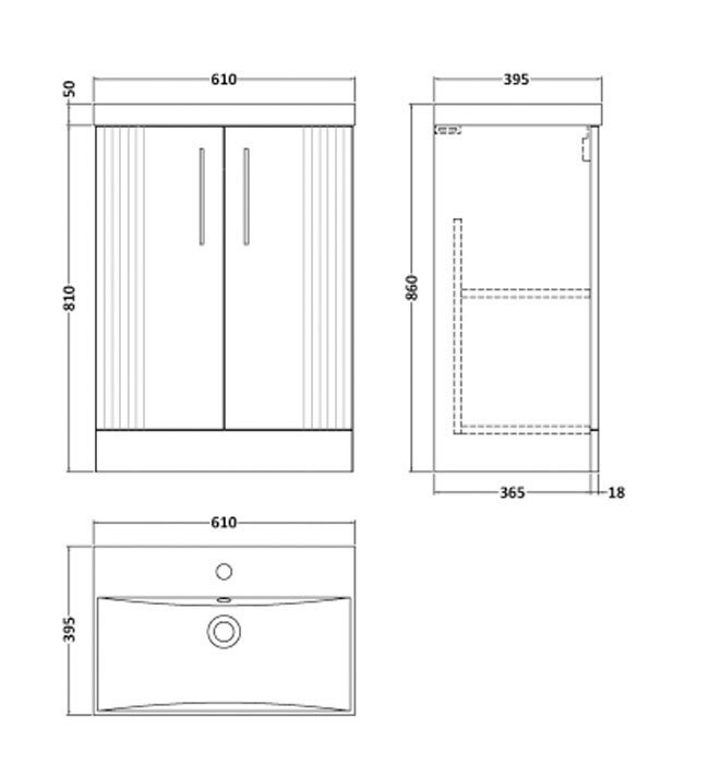 Roxbury Deco Fluted 600mm Grey Vanity Unit - Floor Standing 2 Door Unit with Chrome Handles