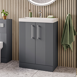 Roxbury Deco Fluted 600mm Grey Vanity Unit - Floor Standing 2 Door Unit with Chrome Handle