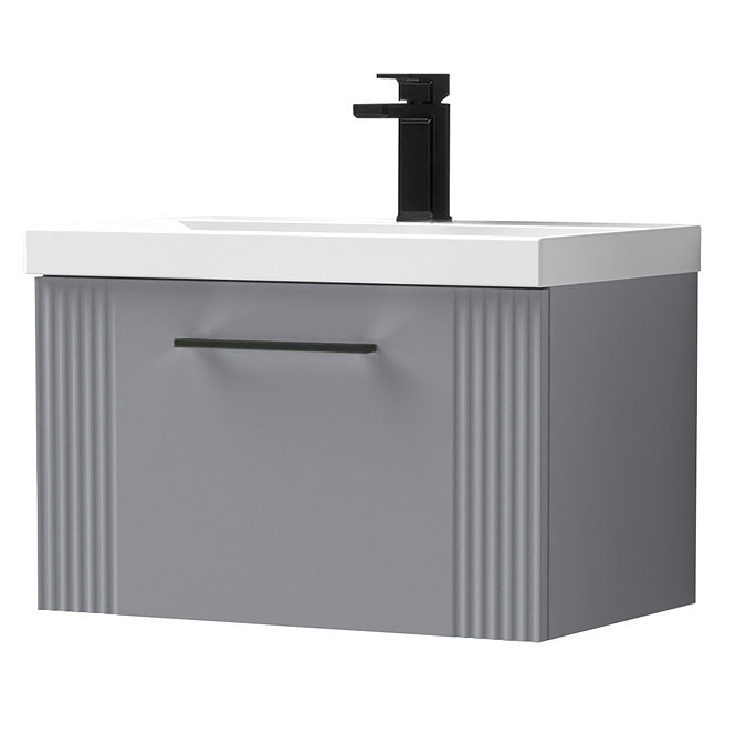 Roxbury Deco Fluted 600mm Grey Vanity Unit - Wall Hung 1-Drawer Unit with Matt Black Handle