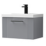 Roxbury Deco Fluted 600mm Grey Vanity Unit - Wall Hung 1-Drawer Unit with Matt Black Handle