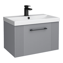 Roxbury Deco Fluted 600mm Grey Vanity Unit - Wall Hung 1-Drawer Unit with Matt Black Handle