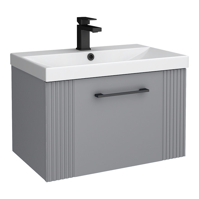 Roxbury Deco Fluted 600mm Grey Vanity Unit - Wall Hung 1-Drawer Unit with Matt Black Handle