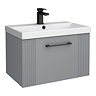 Roxbury Deco Fluted 600mm Grey Vanity Unit - Wall Hung 1-Drawer Unit with Matt Black Handle