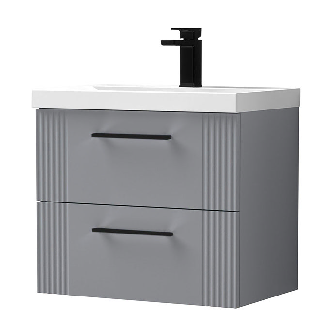 Roxbury Deco Fluted 600mm Grey Vanity Unit - Wall Hung 2-Drawer Unit with Matt Black Handles