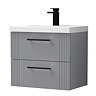 Roxbury Deco Fluted 600mm Grey Vanity Unit - Wall Hung 2-Drawer Unit with Matt Black Handles