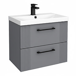 Roxbury Deco Fluted 600mm Grey Vanity Unit - Wall Hung 2-Drawer Unit with Matt Black Handles