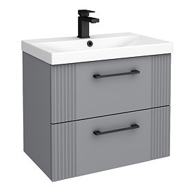 Roxbury Deco Fluted 600mm Grey Vanity Unit - Wall Hung 2-Drawer Unit with Matt Black Handles