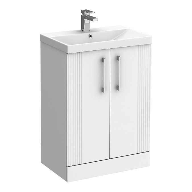 Roxbury Deco Fluted 600mm White Vanity Unit - Floor Standing 2 Door Unit with Chrome Handles