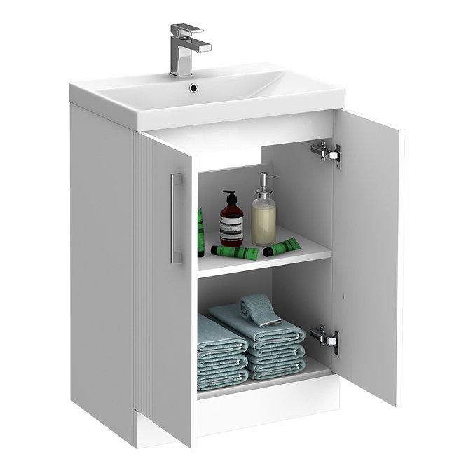 Roxbury Deco Fluted 600mm White Vanity Unit - Floor Standing 2 Door Unit with Chrome Handles