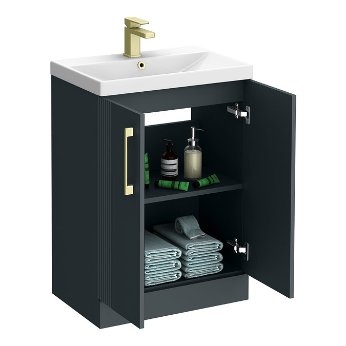Roxbury Deco Fluted 600mm Anthracite Grey Vanity Unit - Floor Standing 2 Door Unit with Brushed Brass Handles