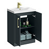 Roxbury Deco Fluted 600mm Anthracite Grey Vanity Unit - Floor Standing 2 Door Unit with Brushed Brass Handles