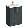 Roxbury Deco Fluted 600mm Anthracite Grey Vanity Unit - Floor Standing 2 Door Unit with Brushed Brass Handles
