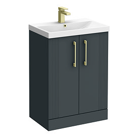 Roxbury Deco Fluted 600mm Anthracite Grey Vanity Unit - Floor Standing 2 Door Unit with Brushed Brass Handles