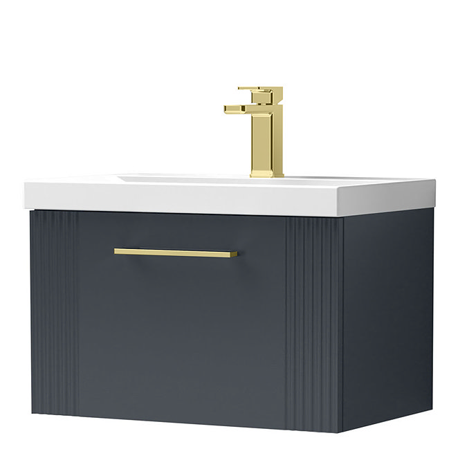 Roxbury Deco Fluted 600mm Anthracite Grey Vanity Unit - Wall Hung 1-Drawer Unit & Brushed Brass Handle