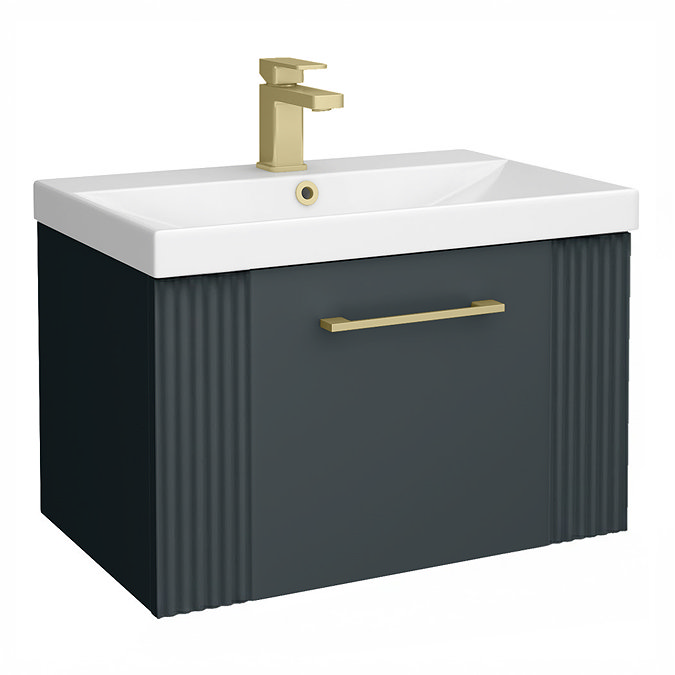 Roxbury Deco Fluted 600mm Anthracite Grey Vanity Unit - Wall Hung 1-Drawer Unit & Brushed Brass Handle