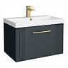 Roxbury Deco Fluted 600mm Anthracite Grey Vanity Unit - Wall Hung 1-Drawer Unit & Brushed Brass Handle