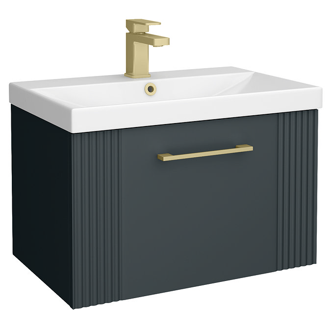 Roxbury Deco Fluted 600mm Anthracite Grey Vanity Unit - Wall Hung 1-Drawer Unit & Brushed Brass Handle