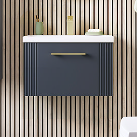 Roxbury Deco Fluted 600mm Anthracite Grey Vanity Unit - Wall Hung 1-Drawer Unit & Brushed Brass Handle