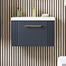 Roxbury Deco Fluted 600mm Anthracite Grey Vanity Unit - Wall Hung 1-Drawer Unit & Brushed Brass Handle