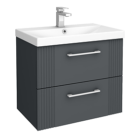 Roxbury Deco Fluted 600mm Anthracite Grey Vanity Unit - Wall Hung 2-Drawer Unit & Chrome Handles