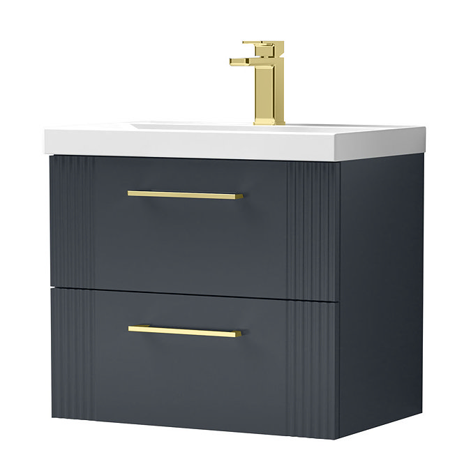 Roxbury Deco Fluted 600mm Anthracite Grey Vanity Unit - Wall Hung 2-Drawer Unit with Brushed Brass Handles