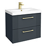 Roxbury Deco Fluted 600mm Anthracite Grey Vanity Unit - Wall Hung 2-Drawer Unit with Brushed Brass Handles