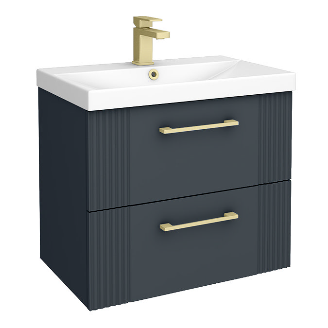 Roxbury Deco Fluted 600mm Anthracite Grey Vanity Unit - Wall Hung 2-Drawer Unit with Brushed Brass Handles