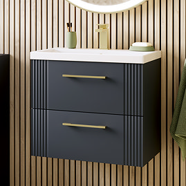 Roxbury Deco Fluted 600mm Anthracite Grey Vanity Unit - Wall Hung 2-Drawer Unit with Brushed Brass Handles