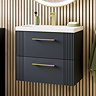 Roxbury Deco Fluted 600mm Anthracite Grey Vanity Unit - Wall Hung 2-Drawer Unit with Brushed Brass Handles