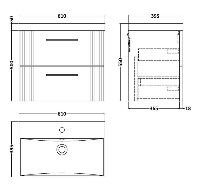 Roxbury Deco Fluted 600mm Anthracite Grey Vanity Unit - Wall Hung 2-Drawer Unit with Matt Black Handles