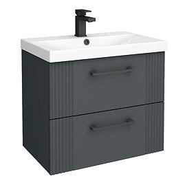 Roxbury Deco Fluted 600mm Anthracite Grey Vanity Unit - Wall Hung 2-Drawer Unit with Matt Black Handles