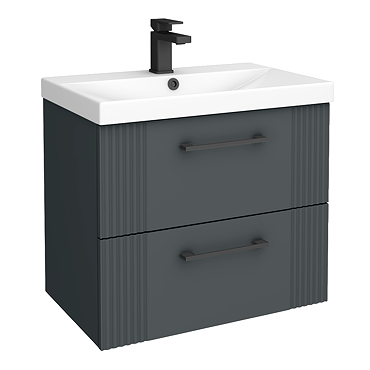Roxbury Deco Fluted 600mm Anthracite Grey Vanity Unit - Wall Hung 2-Drawer Unit with Matt Black Handles