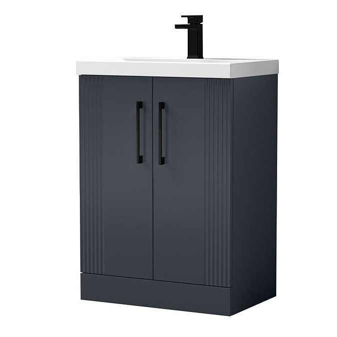 Roxbury Deco Fluted 600mm Anthracite Grey Vanity Unit - Floor Standing 2 Door Unit with Matt Black Handles
