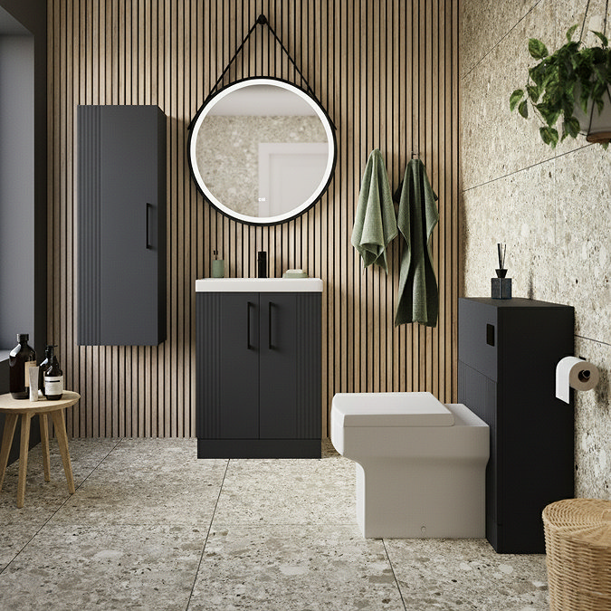 Roxbury Deco Fluted 600mm Anthracite Grey Vanity Unit - Floor Standing 2 Door Unit with Matt Black Handles